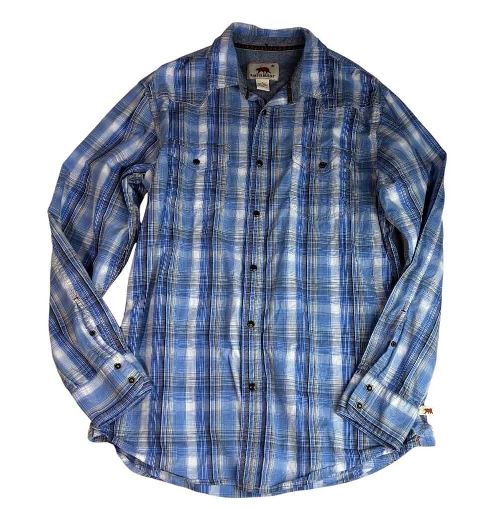 DAKOTA GRIZZLY Men’s Pearl Snap Western Blue Plaid Long Sleeve Button Down Large